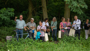 Teilnehmende beim Matchbox-Workshop 3 WOODS | © Arthur Bauer Menschen im Wald, unterhalten sich und zeigen auf etwas | © Arthur Bauer