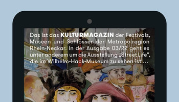 Key Visual Kulturmagazin Ausgabe 3/2022 | © MRN GmbH Das Titelbild des Kulturmagazins Nummer 3/2022 ist auf einem abgebildeten Tablet zu sehen. Es ist ein Gemälde von Rudolf Schlichter. | © MRN GmbH