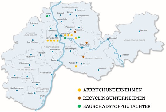 Schematische Landkarte der MRN mit eingezeichneteh Punkten für Abbruchunternehmen, Recyclingunternehmen und Bauschadstoffgutachter | © MRN GmbH
