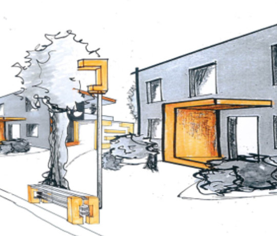 Zeichnung eines in den städtischen Raum integriertes Wohngebäudes unter Einsatz von vorgefertigten Modulen | © HEBERGER GmbH