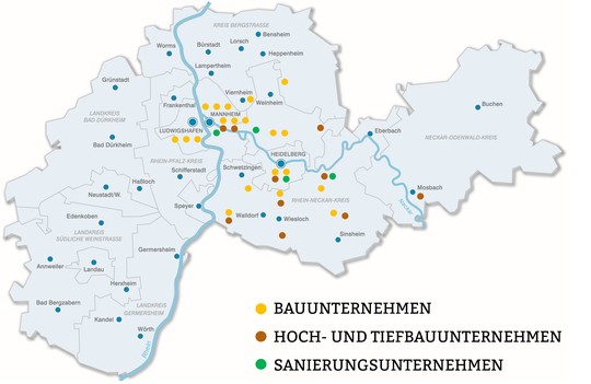 Schematisch Landkarte mit eingezeichneten Punkten für Bauunternehmen, Hoch- und Tiefbauunternehmen und Sanierungsunternehmen | © MRN GmbH